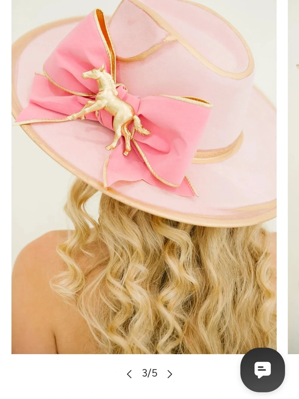 Judith March derby hat. Pink with pink bow, gold trim, and gold pony. Like new.